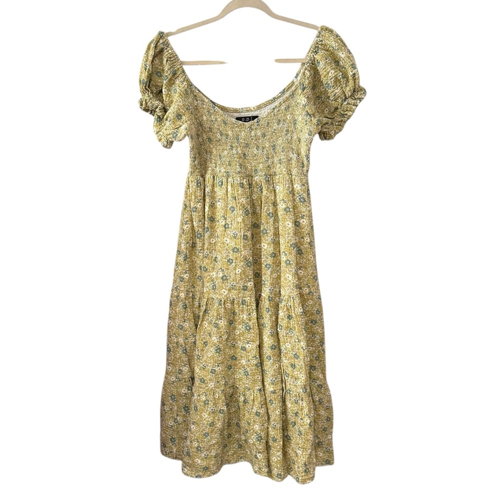 O.P.T. Large Yellow Blue Floral Puff Sleeve Cotton Midi Dress Cottagecore